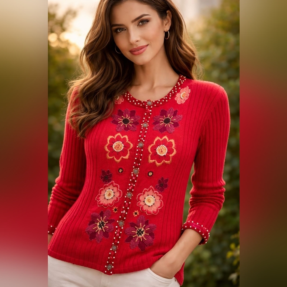 Storybook Knits Vibrant Red Floral Cardigan